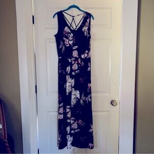 MAURICES Size Medium Long Dress Navy Blue With a Pink & White Flowered Print